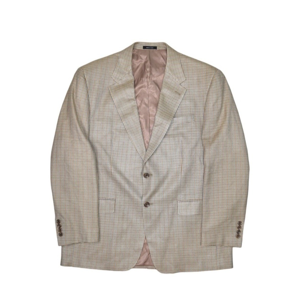 Chaps Blazer Mens 42R 100% Silk Jacket Sport Coat Beige Houndstooth 2 Button